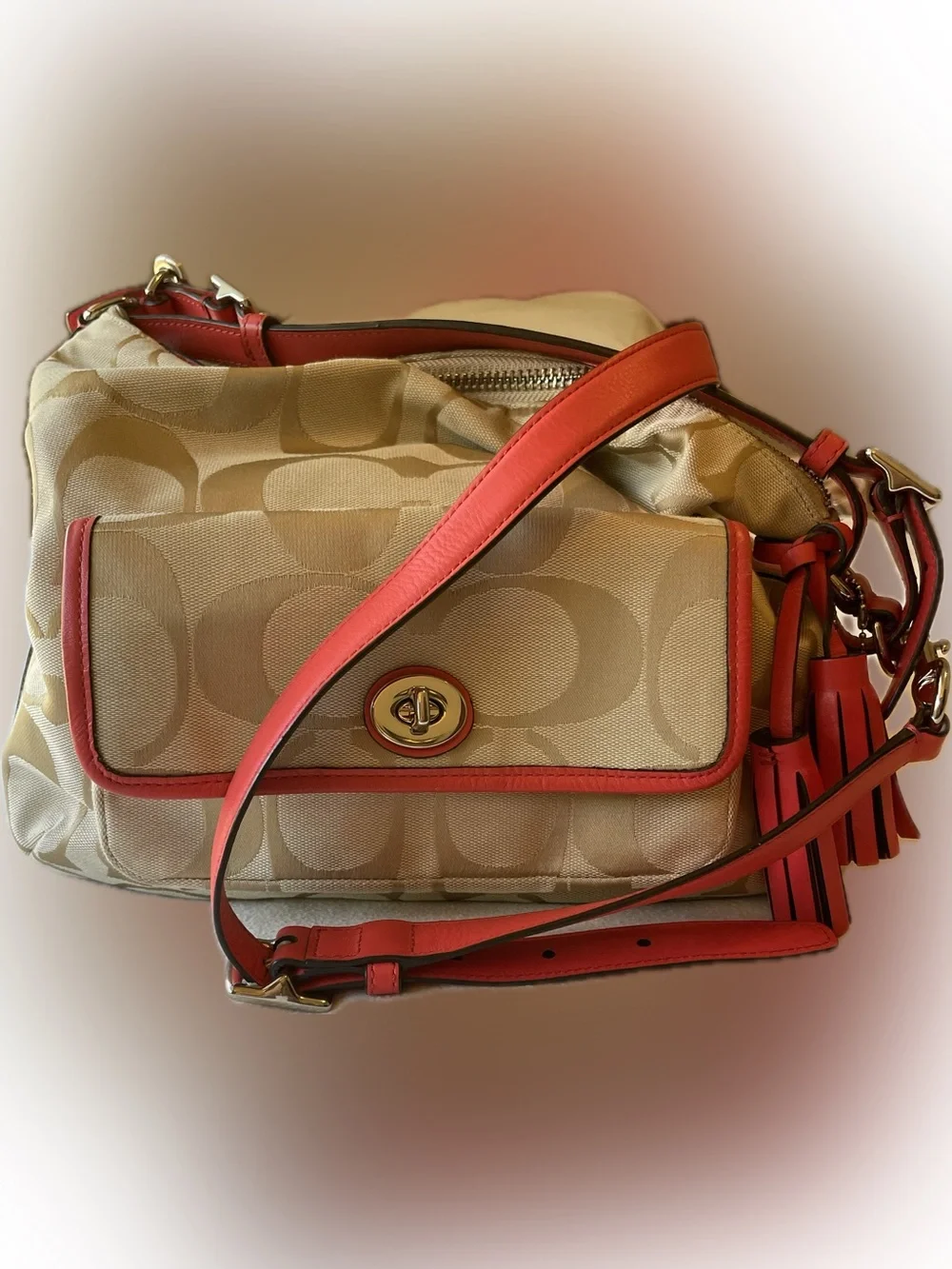 Coach Beige Gold and Canvas Crossbody with Coral Leather Trim